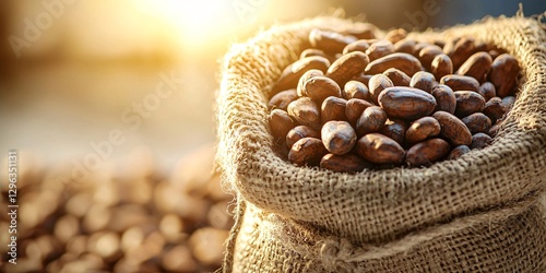 Raw Food and Food Safety Concept. Sunlit Cocoa Beans in Natural Burlap Sack Display