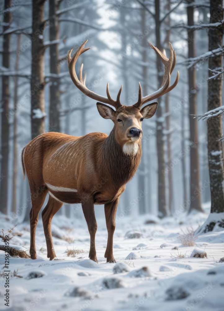 Wild deer with large antlers standing in a snowy forest, winter, magnificent Wild deer with large antlers standing in a snowy forest, winter, magnificent