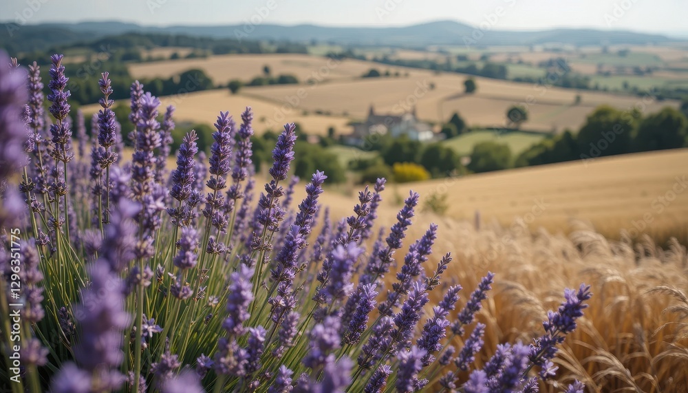 Obraz premium Vibrant Lavender Field in Summer Landscape with Golden Wheat and Distant Village