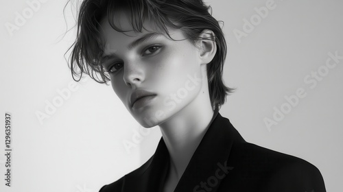 A sleek, androgynous editorial fashion model, clad in designer attire, exuded an aura of confidence and effortless cool, capturing the essence of high-end style.