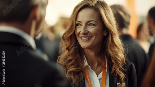 Wallpaper Mural Businesswoman networking at corporate event engaging in conversation smiling confidently, professional attire, successful career, friendly atmosphere, teamwork. Torontodigital.ca