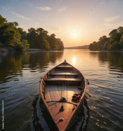 Wooden boat navigating tranquil Mississippi River during late afternoon in La Crosse Wisconsin, river, boat on the water, la crosse wisconsin photo