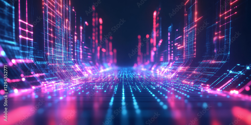 Naklejka premium A cybernetic 3D abstract background with an array of floating, glowing waveform patterns stretching into infinity. The synchronized pulses of neon light create a stunning representation of digital