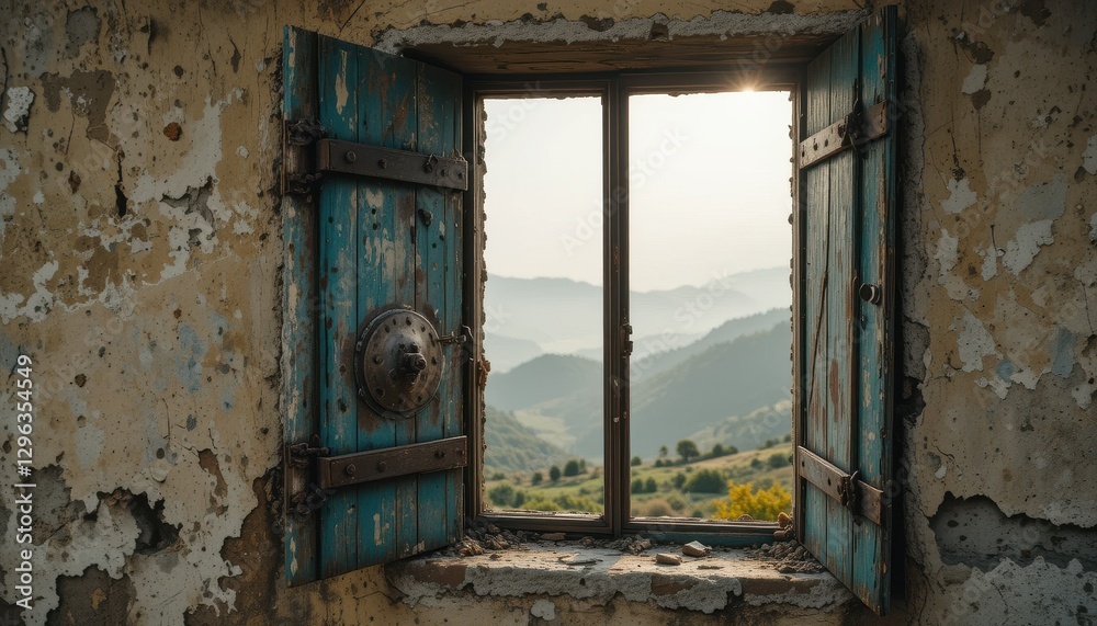 Rustic Blue Window Open to Scenic Mountain View Old Building Exterior Distressed Paint Tranquil Landscape Rustic Blue Window Open to Scenic Mountain View Old Building Exterior Distressed Paint Tranquil Landscape