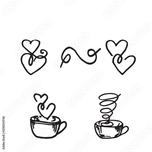 cups with hot drinks coffee tea with decorative elements heart set vector graphics doodle hand drawn illustration base for textile design tableware and printing