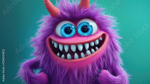 Colorful cartoon monster character with big eyes and toothy grin on vibrant background, featuring playful design for childrenâ€™s books and animations.