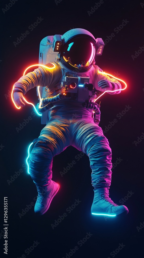 Fototapeta premium A vibrant, floating astronaut in space, surrounded by a spectrum of dazzling colors, symbolizing exploration, freedom, and the infinite possibilities of the universe. This concept captures the awe-ins