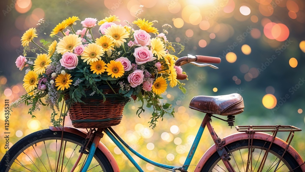 Fototapeta premium Colorful bicycle with flower basket in a sunlit meadow during golden hour