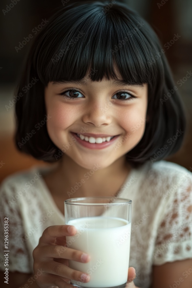 Girl smiling joyfully while holding a glass of milk at home, child enjoying healthy drink, family breakfast, happiness, nutrition, childhood moments. Girl smiling joyfully while holding a glass of milk at home, child enjoying healthy drink, family breakfast, happiness, nutrition, childhood moments.