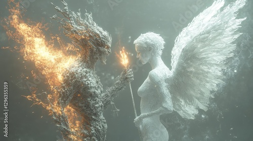 Angel and demon sharing a burning ember.  A symbolic image of opposing forces, light and darkness, meeting.