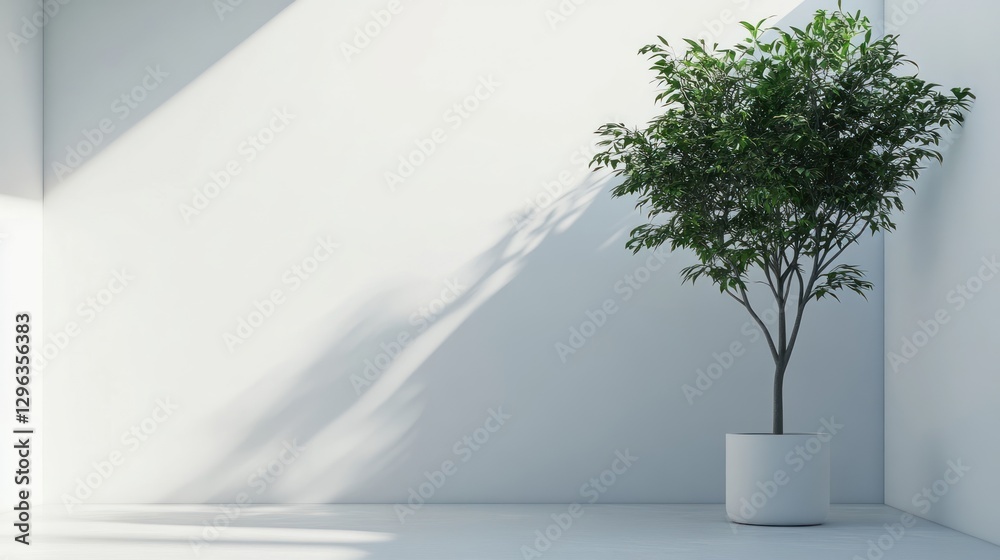 Obraz premium Minimalist room, potted plant, sunlight, white wall, interior design