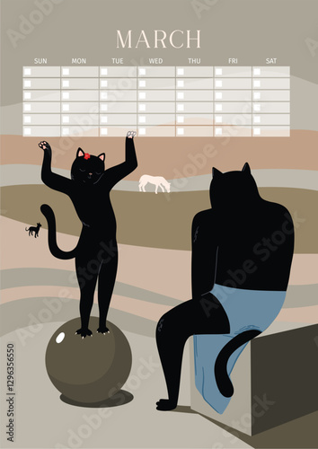 Cat on the Ball, A Minimalist and Elegant Art Nouveau-Inspired Cat Illustration, Perpetual Calendar, Poster