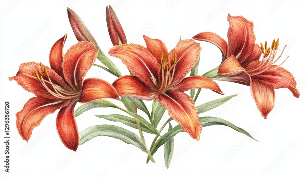 Fototapeta premium Beautiful Orange Lilies with Green Leaves on White Background