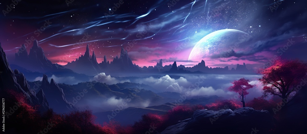 Fototapeta premium Fantasy starry sky night with mountain and lake milky way landscape. AI generated image