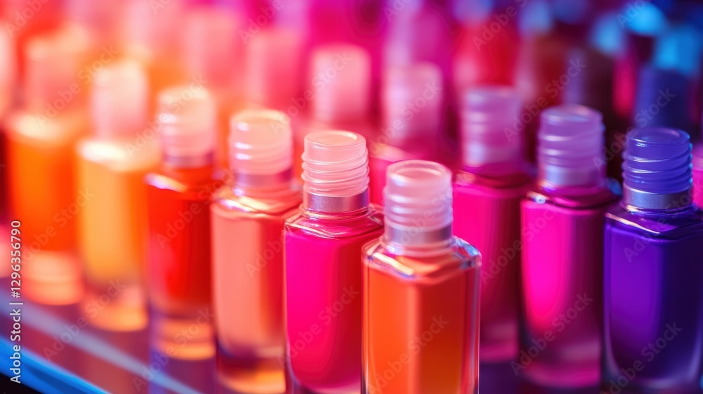 Nail polish bottles in vibrant colors arranged neatly on display for beauty enthusiasts, cosmetics lovers, and professional manicure services in salon or store. Nail polish bottles in vibrant colors arranged neatly on display for beauty enthusiasts, cosmetics lovers, and professional manicure services in salon or store.