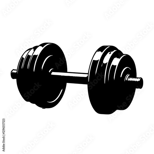 An illustration featuring a black dumbbell silhouette set against a clean white background depicting a weight with detailed grip and plates.