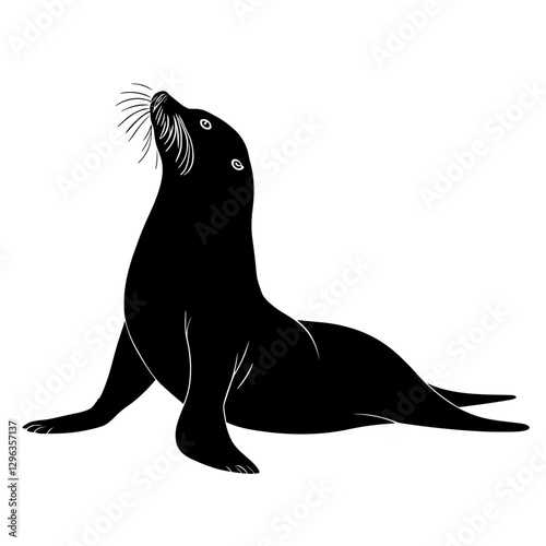 An illustration featuring a black seal silhouette set against a clean white background depicting a seal with detailed body and flippers, symbolizing playfulness and agility.