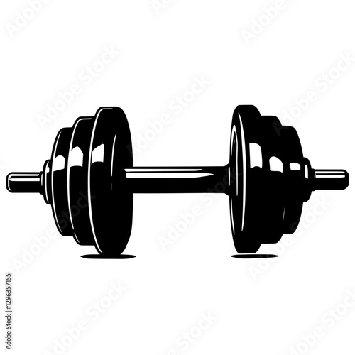 An illustration featuring a black dumbbell silhouette set against a clean white background depicting a weight with detailed grip and plates.