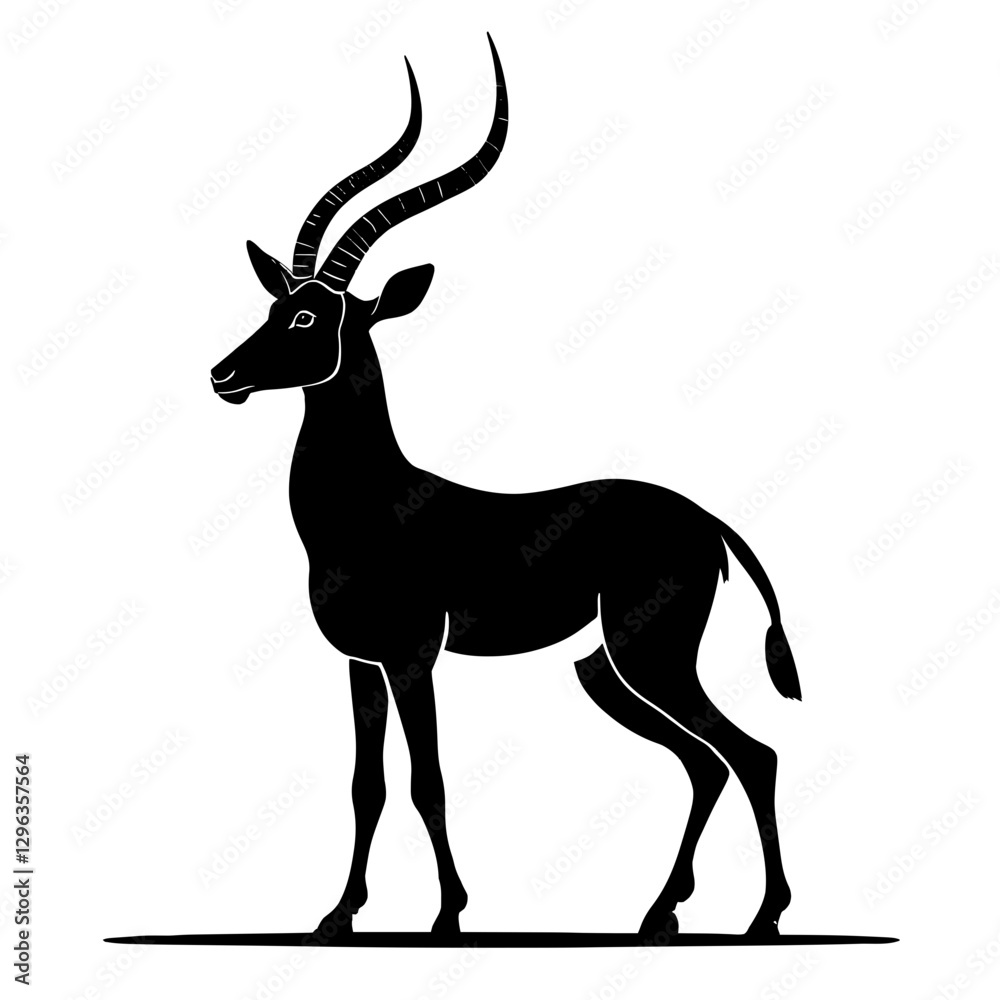 Obraz premium An illustration featuring a black gazelle silhouette set against a clean white background showing a gazelle with detailed horns and legs, symbolizing grace and speed.