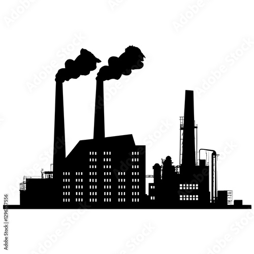 Fototapeta An illustration featuring a black factory silhouette set against a clean white background showing industrial buildings with detailed chimneys and smoke