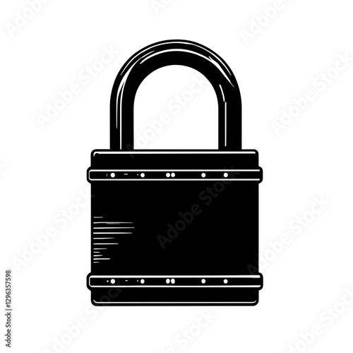An illustration featuring a black lock silhouette set against a clean white background depicting a classic padlock with detailed shackle and body design.