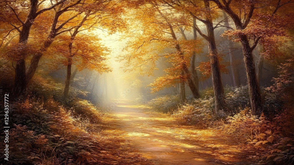 A quiet forest trail covered in warm autumn leaves, with golden light streaming through the branches, casting enchanting shadows along the path A quiet forest trail covered in warm autumn leaves, with golden light streaming through the branches, casting enchanting shadows along the path