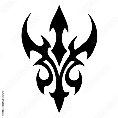 An illustration featuring a black arcane glyph silhouette set against a clean white background depicting an ornate character with sharp angles and loops, symbolizing protection and strength.