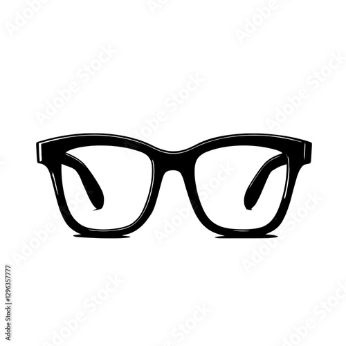 An illustration featuring a black glasses silhouette set against a clean white background showing classic eyeglasses with detailed frames and lenses.
