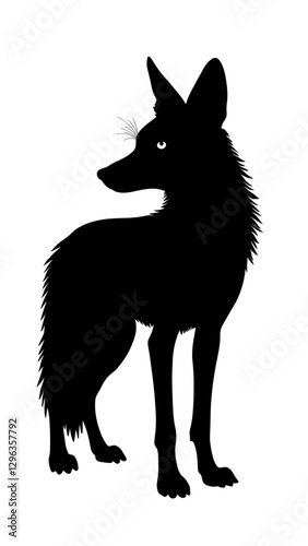 An illustration featuring a black jackal silhouette set against a clean white background depicting a jackal with detailed fur and stance, symbolizing intelligence and adaptability.