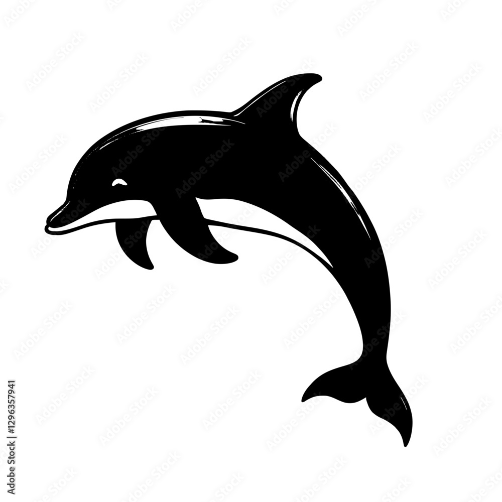Naklejka premium An illustration featuring a black dolphin silhouette set against a clean white background depicting a dolphin jumping with detailed fins and tail, symbolizing intelligence and joy.