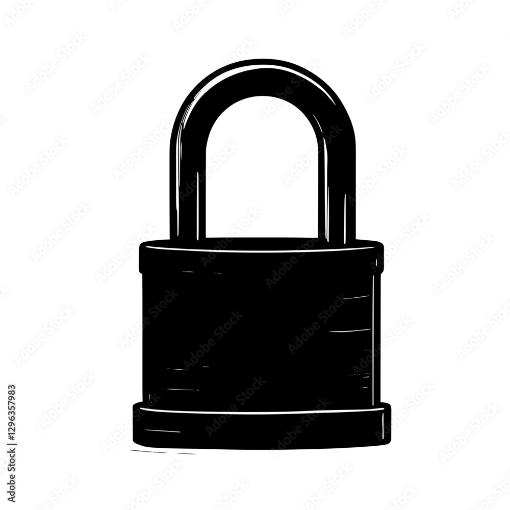 An illustration featuring a black lock silhouette set against a clean white background depicting a classic padlock with detailed shackle and body design.