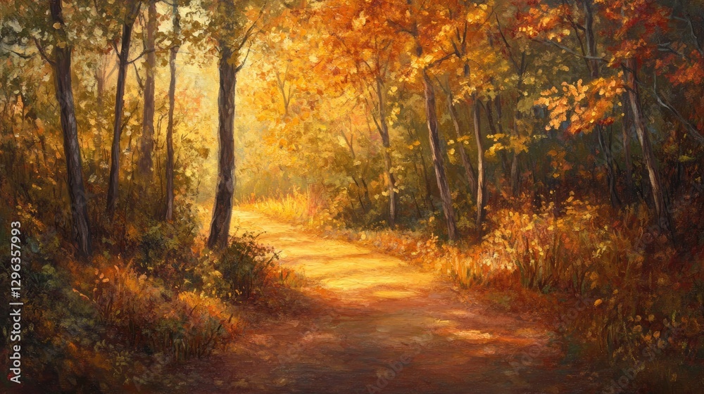 A serene forest pathway blanketed with autumn leaves, golden light filtering through the treetops, evoking a sense of peaceful wonder A serene forest pathway blanketed with autumn leaves, golden light filtering through the treetops, evoking a sense of peaceful wonder