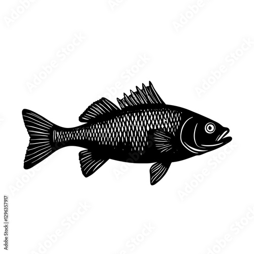 An illustration featuring a black sea bass silhouette set against a clean white background depicting a sea bass with detailed scales and fins, symbolizing abundance and adaptability.