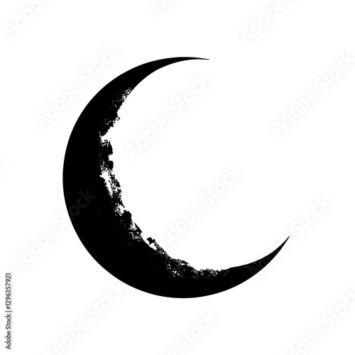 An illustration featuring a black moon silhouette set against a clean white background showing a crescent moon with detailed craters and texture.