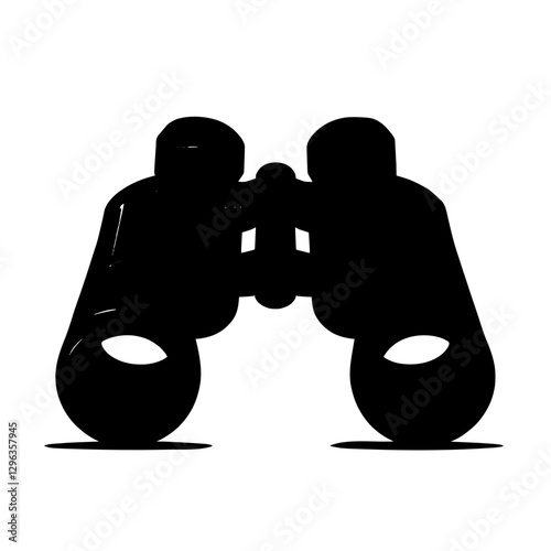 An illustration featuring a black binoculars silhouette set against a clean white background showing detailed lenses and central focus wheel.