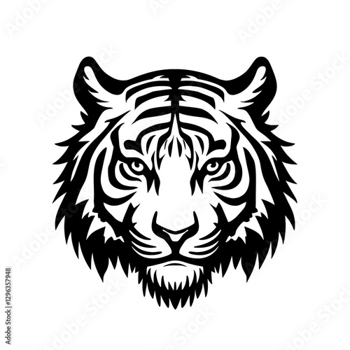 An illustration featuring a tiger face silhouette set against a clean white background showing a detailed tiger face with sharp eyes and distinct stripes, symbolizing power and ferocity.