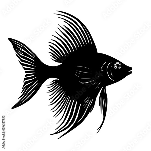 An illustration featuring a black angelfish silhouette set against a clean white background showing an angelfish with detailed fins and body, symbolizing elegance and beauty.