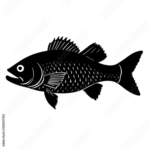 An illustration featuring a black sea bass silhouette set against a clean white background depicting a sea bass with detailed scales and fins, symbolizing abundance and adaptability.