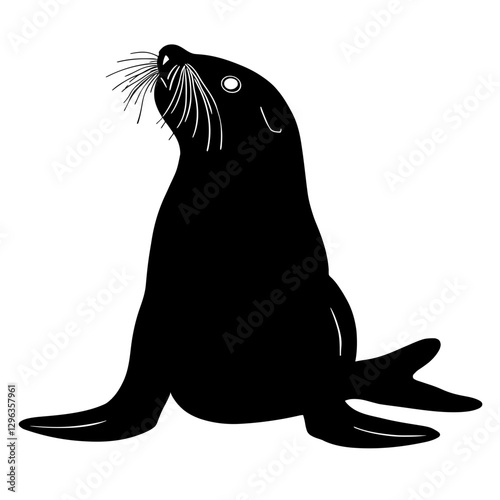 An illustration featuring a black sea lion silhouette set against a clean white background showing a sea lion with detailed whiskers and flippers, symbolizing playfulness and balance.
