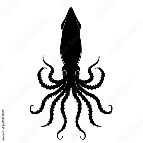 An illustration featuring a black squid silhouette set against a clean white background depicting a squid with detailed tentacles and fins, symbolizing adaptability and intelligence.