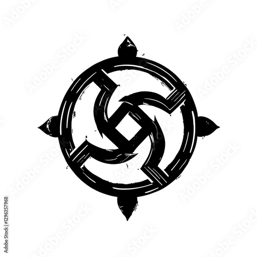 An illustration featuring a black ancient sigil silhouette set against a clean white background depicting a character with complex intersections and curves, symbolizing destiny and fate.