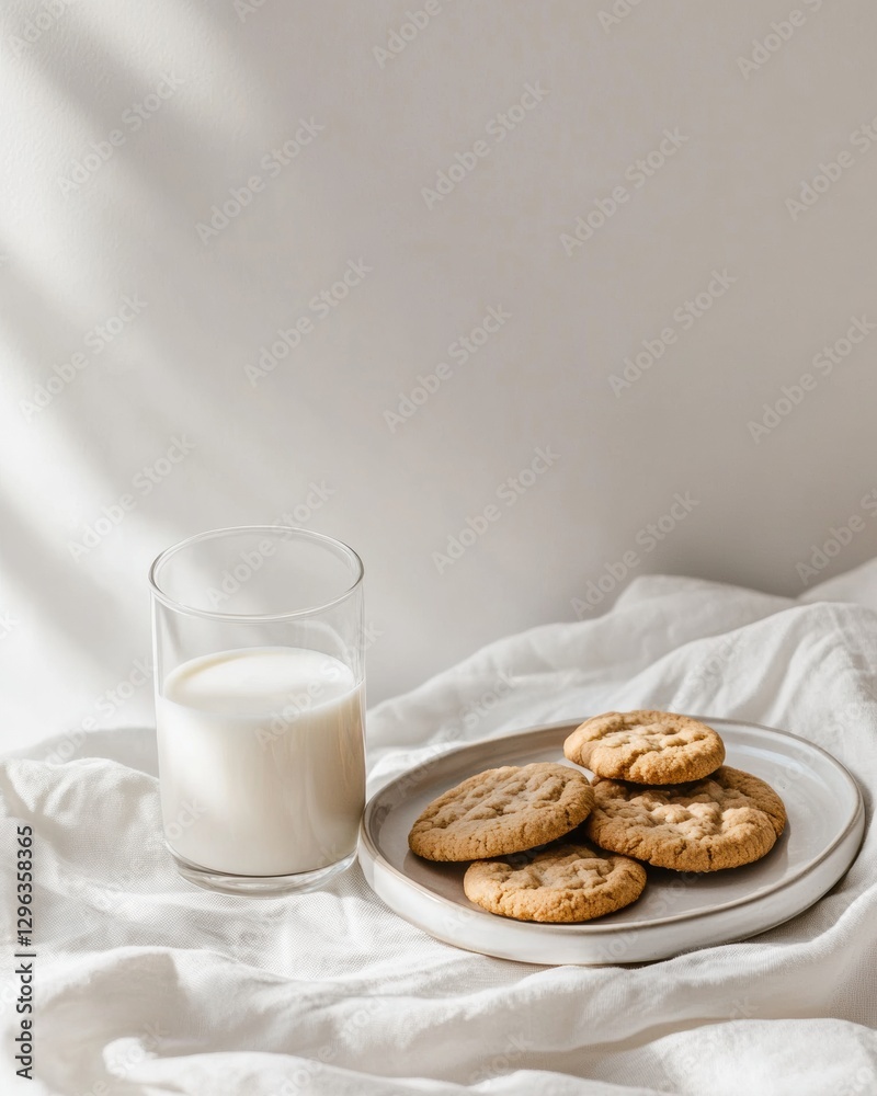 Cookies and milk served on a cozy white bedspread in warm, soft afternoon light. Generative AI Cookies and milk served on a cozy white bedspread in warm, soft afternoon light. Generative AI