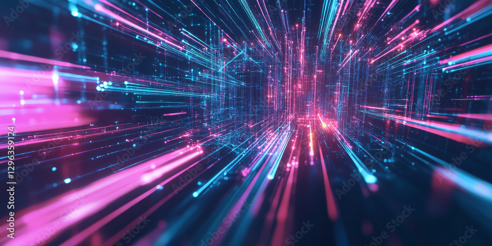 Fototapeta premium A high-tech abstract background featuring interconnected neon energy trails dynamically shifting within a futuristic digital matrix. The interplay of radiant light and fluid transitions creates a