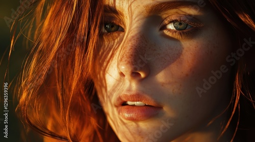 A woman is face, framed by cascading auburn hair, exuded an aura of serene beauty, her eyes sparkling with an inner light.