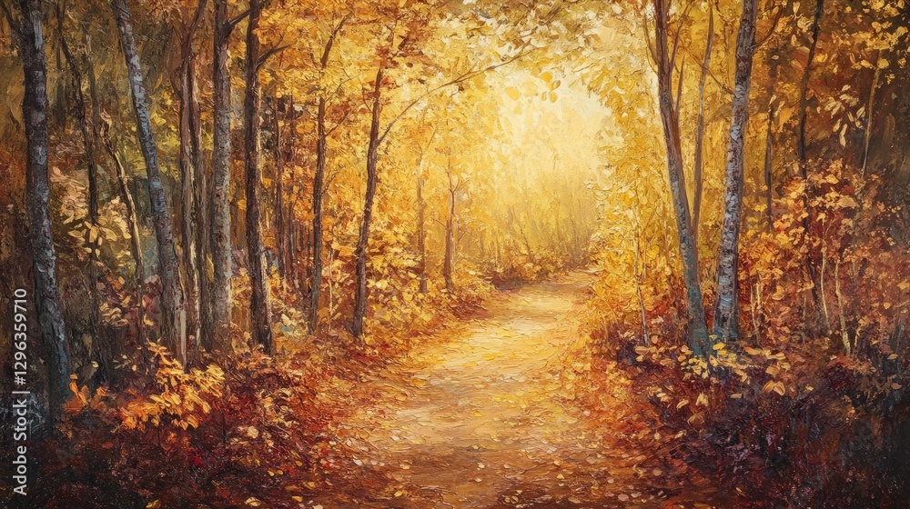 A mystical autumn scene with a forest trail covered in colorful fallen leaves and soft sunlight streaming through golden-hued trees A mystical autumn scene with a forest trail covered in colorful fallen leaves and soft sunlight streaming through golden-hued trees