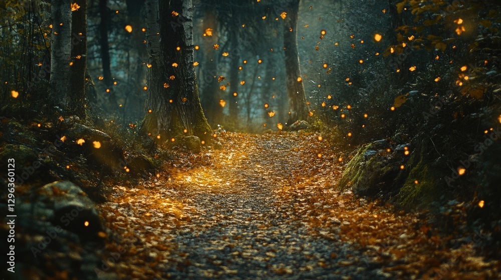 Fototapeta premium A mystical trail through a forest in autumn, with golden light illuminating the path covered in warm, colorful leaves