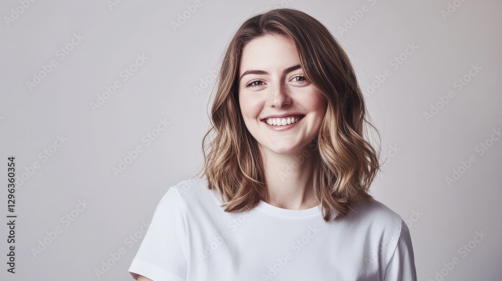 Smiling young woman with long hair in casual t-shirt standing against neutral background, showcasing happiness and confidence in lifestyle portrait. Smiling young woman with long hair in casual t-shirt standing against neutral background, showcasing happiness and confidence in lifestyle portrait.