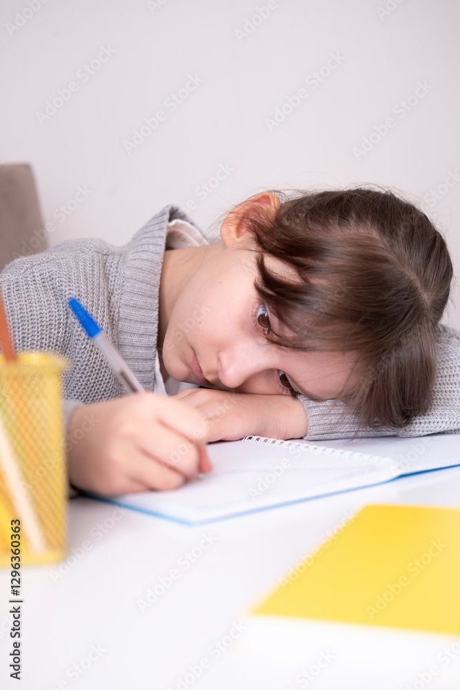 Tired, frustrated student is sitting at desk doing his homework. Learning difficulties, the concept of education. Student experiencing stress during homeschooling. vertical. Tired, frustrated student is sitting at desk doing his homework. Learning difficulties, the concept of education. Student experiencing stress during homeschooling. vertical.