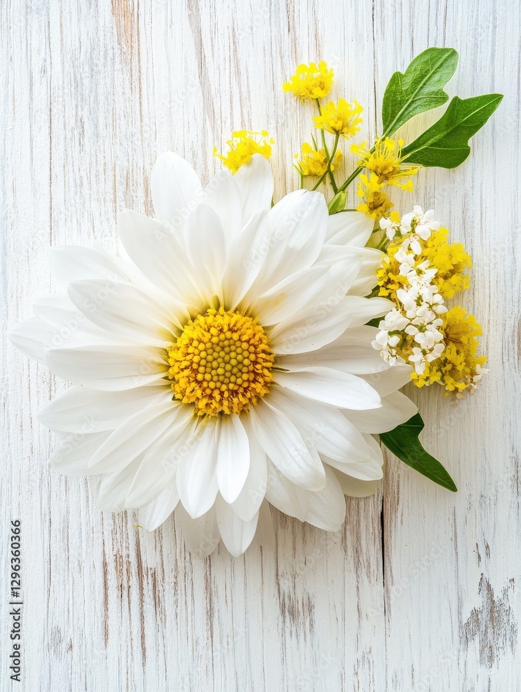 Obraz premium white chrysanthemum and yellow coltsfoot on white wooden background