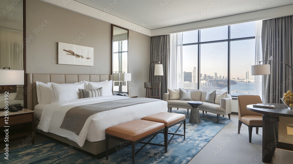 Fototapeta premium Spacious hotel room with plush bedding, contemporary furniture, and large windows.